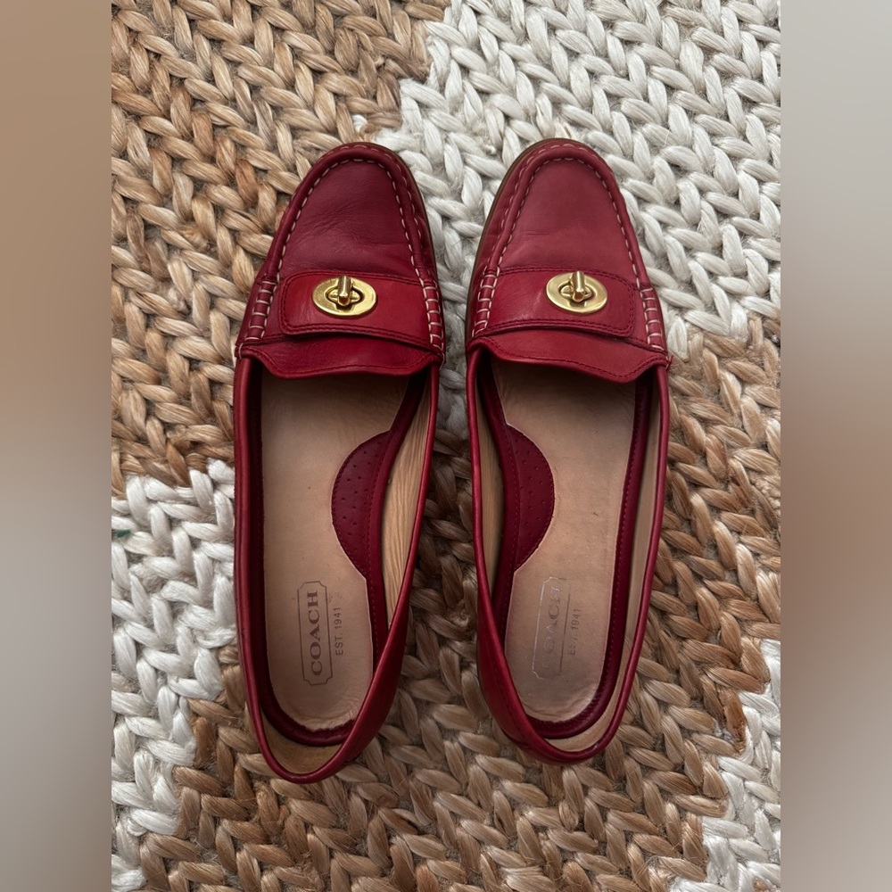 Coach Burgundy Red Darcie Leather Loafers with Gold Brass Lock Accent, 8.5